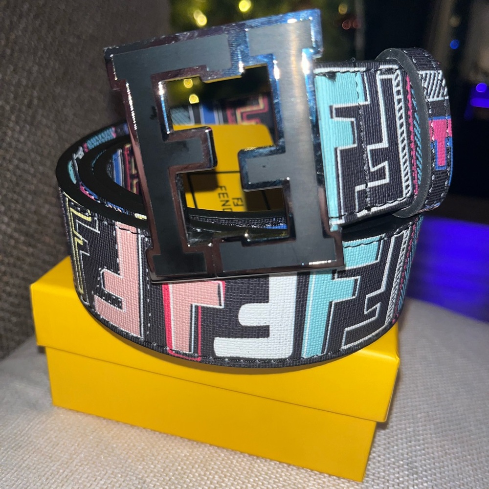 Fendi Black and Multicolor Logo Belt